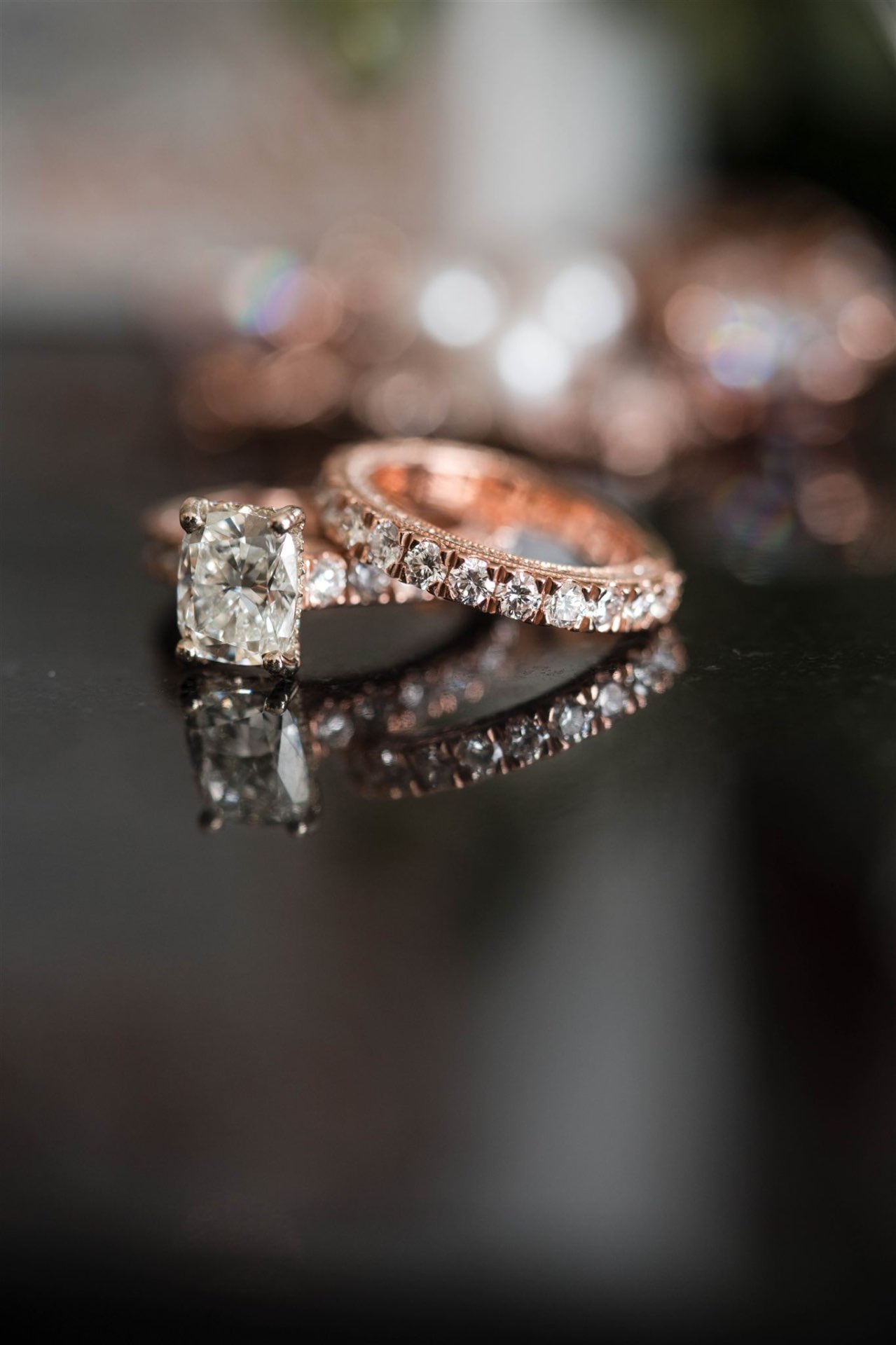 Rose gold cushion cut with eternity band macro