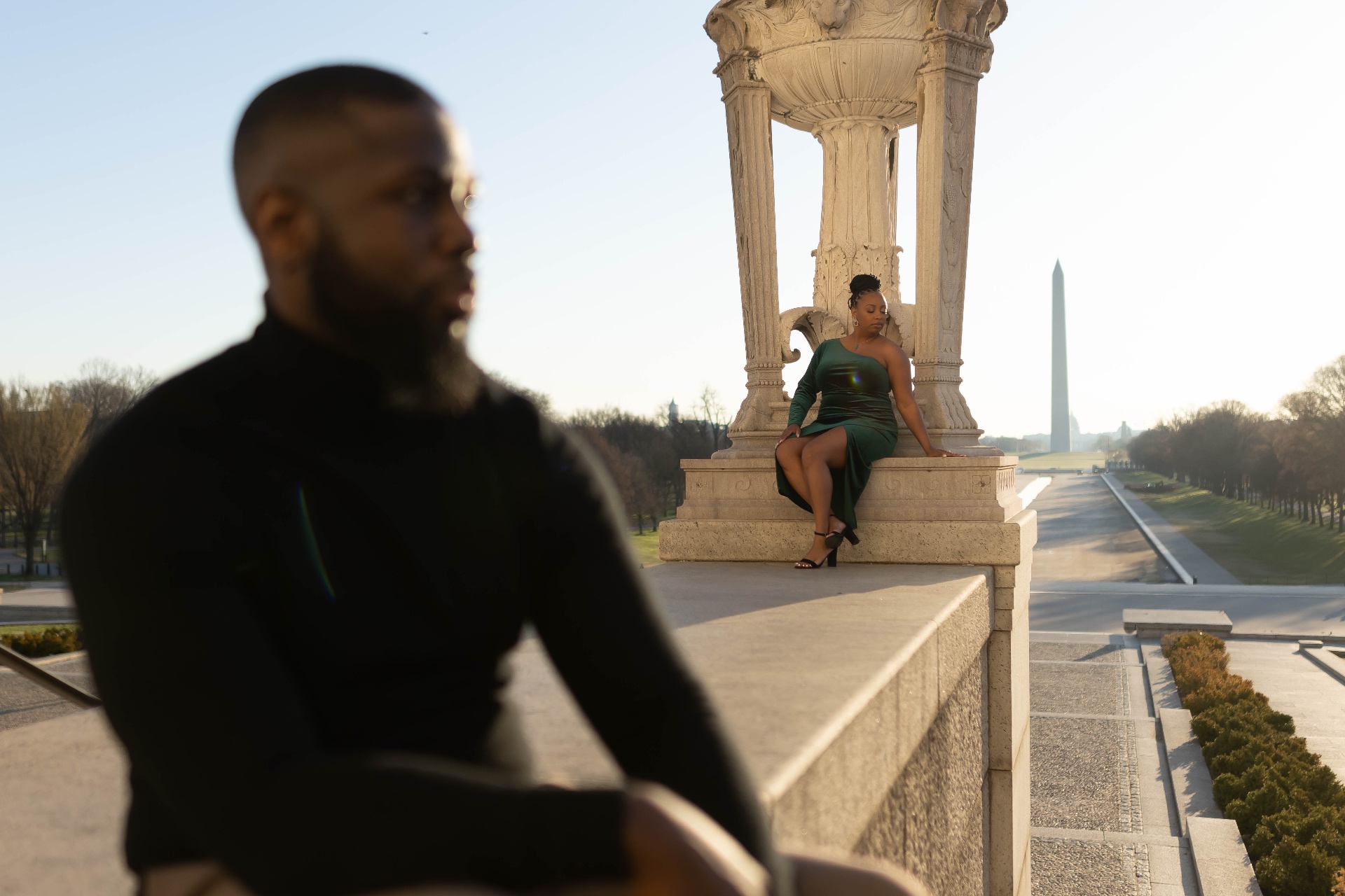 Couple DC monument green dress golden hour editorial