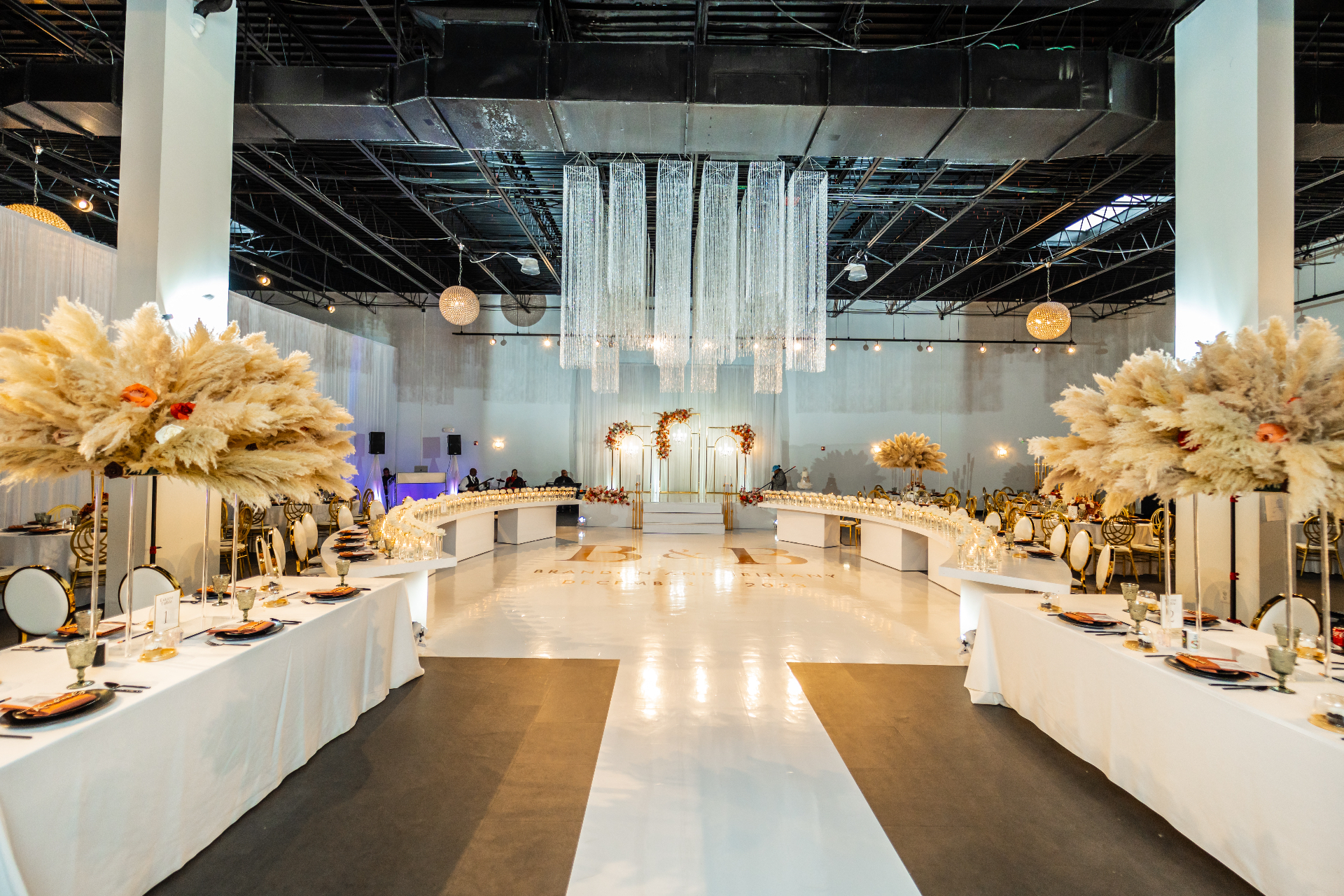 Reception hall pampas grass crystal curtain white and gold decor