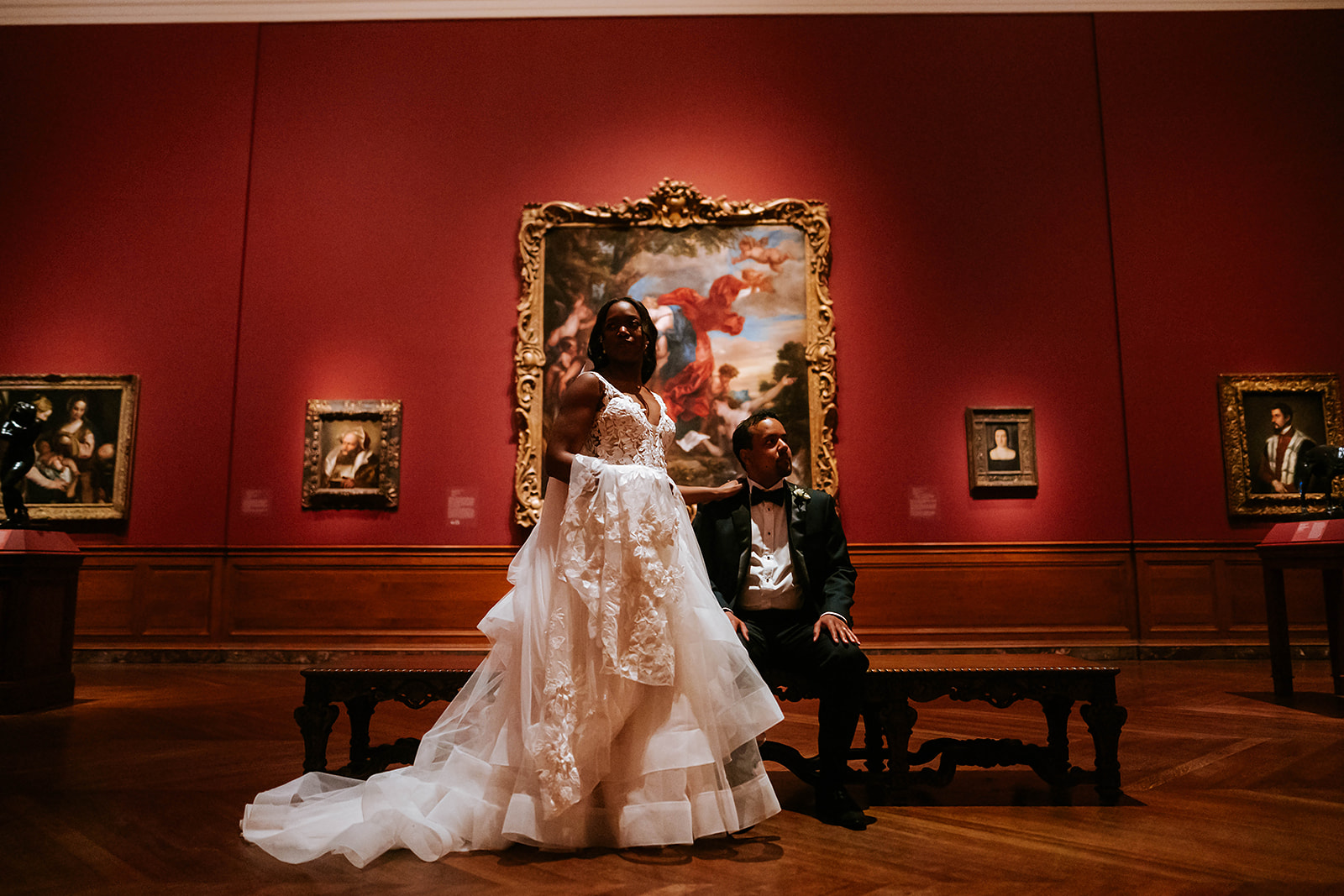 Couple portrait in art museum red gallery with renaissance painting