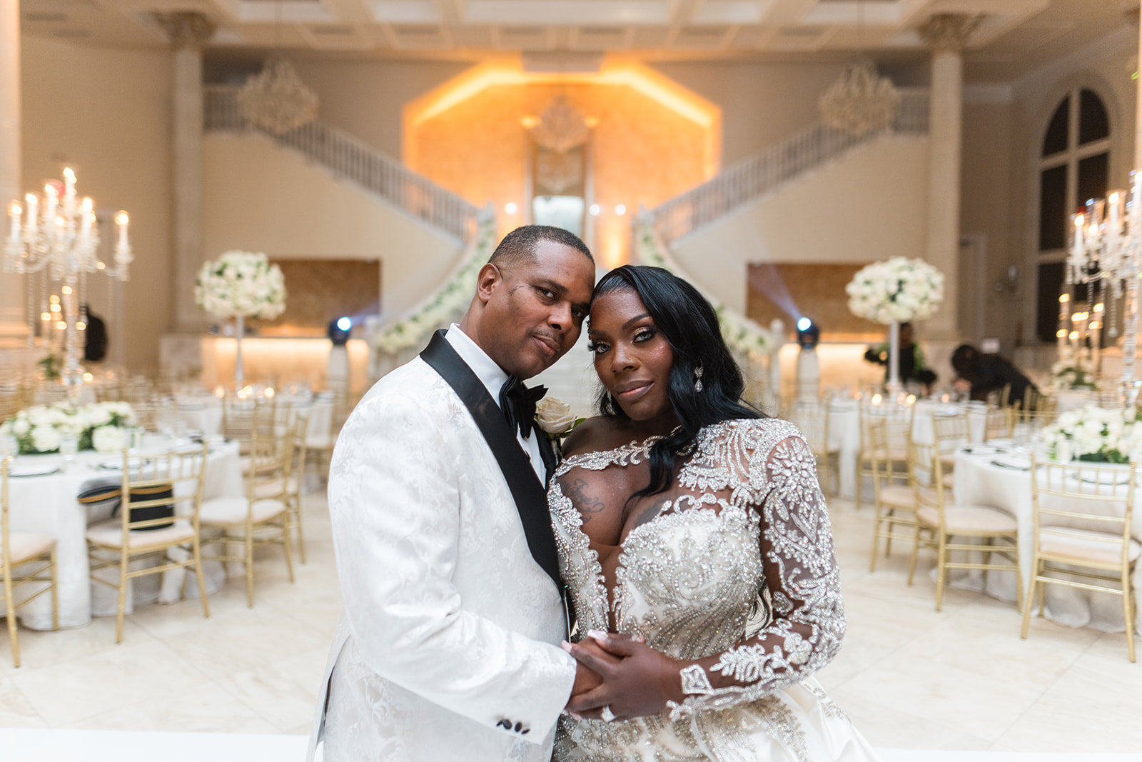 Couple portrait in grand ballroom reception