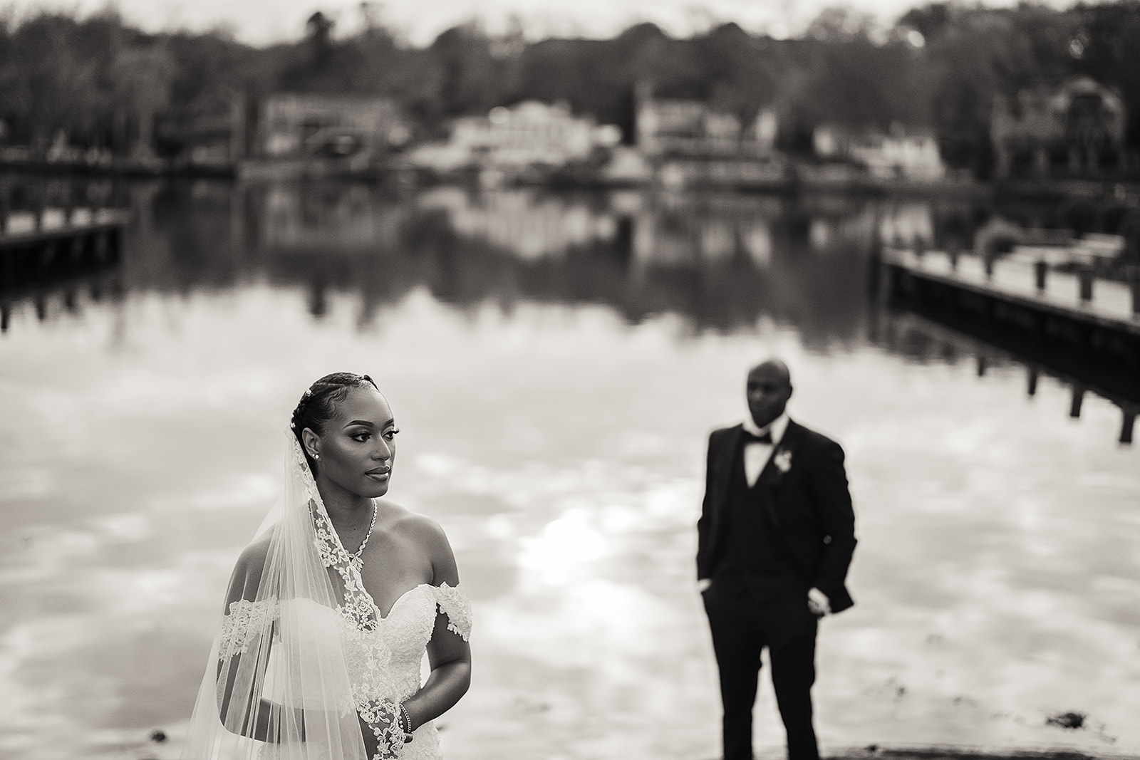 Couple lakeside editorial in black and white